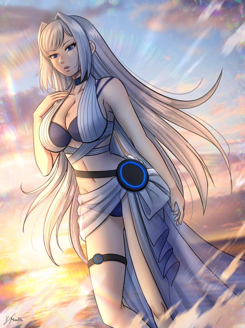 beach bikini blue_eyes ethel_(xenoblade) moonllita_(artist) silver_hair water xenoblade_(series) xenoblade_chronicles_3