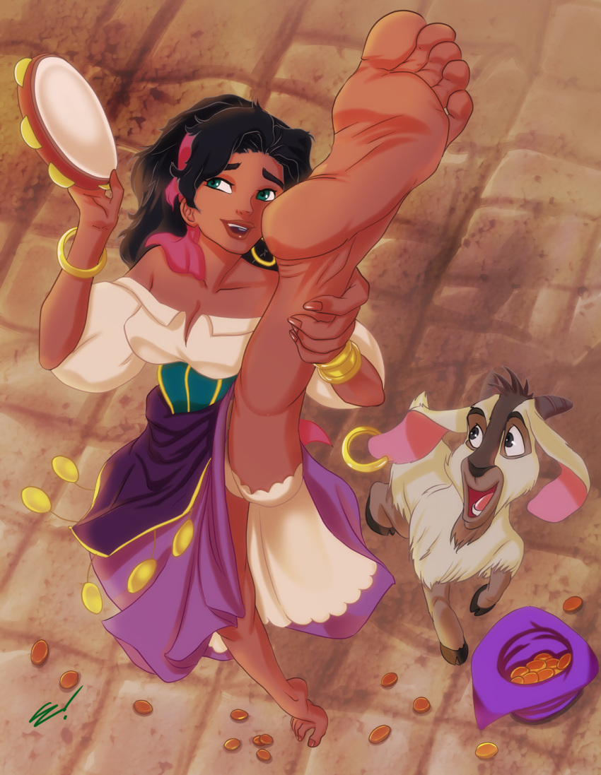 barefoot black_hair bracelet cleavage coins dark_skin disney djali earrings esmeralda feet feet_focus green_eyes holding_leg leg_up open_mouth purple_dress scamwich sole sole_focus tambourine the_hunchback_of_notre_dame toes white_blouse