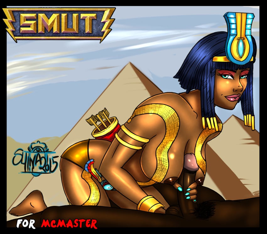 1boy 1girls 2015 ball_fondling bob_cut dark-skinned_female dark-skinned_male dark_skin egypt egyptian egyptian_female egyptian_mythology handjob kneeling large_breasts large_penis looking_at_viewer makeup mascara middle_east middle_eastern middle_eastern_clothing middle_eastern_female middle_eastern_mythology neith_(smite) shina smite