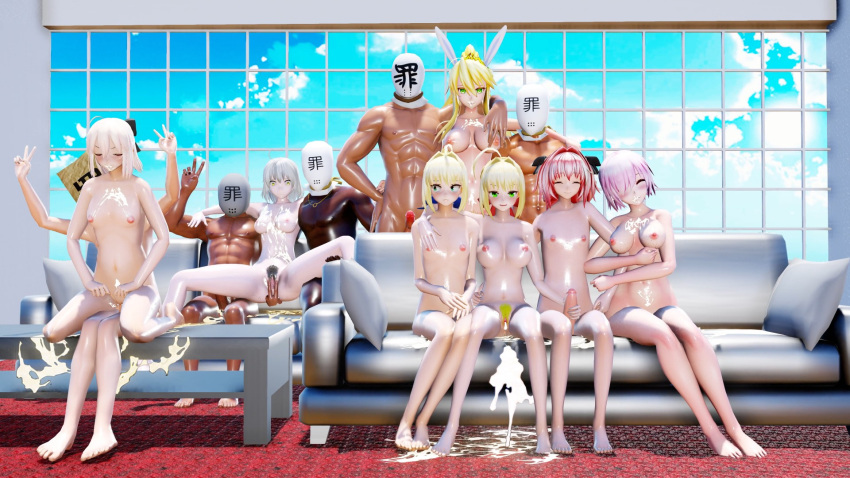 6boys 6girls artoria_pendragon astolfo_(fate) blush bunny_ears character_request cum cum_drip cum_in_pussy cum_on_body cum_on_breasts cum_on_face deltarion embarrassment fate/grand_order fate_(series) happy jeanne_d'arc_(fate) mash_kyrielight masturbation multiple_penises nero_claudius_(fate) office screenshot sex shy tagme uncensored