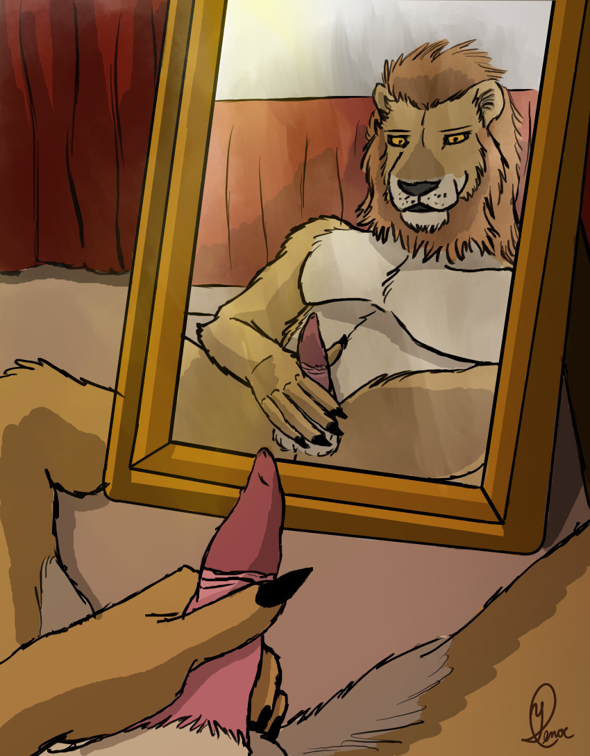 absurd_res anthro bedroom brown_body brown_fur carpet felid fur gold_frame hi_res kinktober leaning_on_object lion male mammal mane masturbation mirror narcissism pantherine red_sheets reflection sitting_on_ground solo warm_lighting yellow_eyes yenocwolf