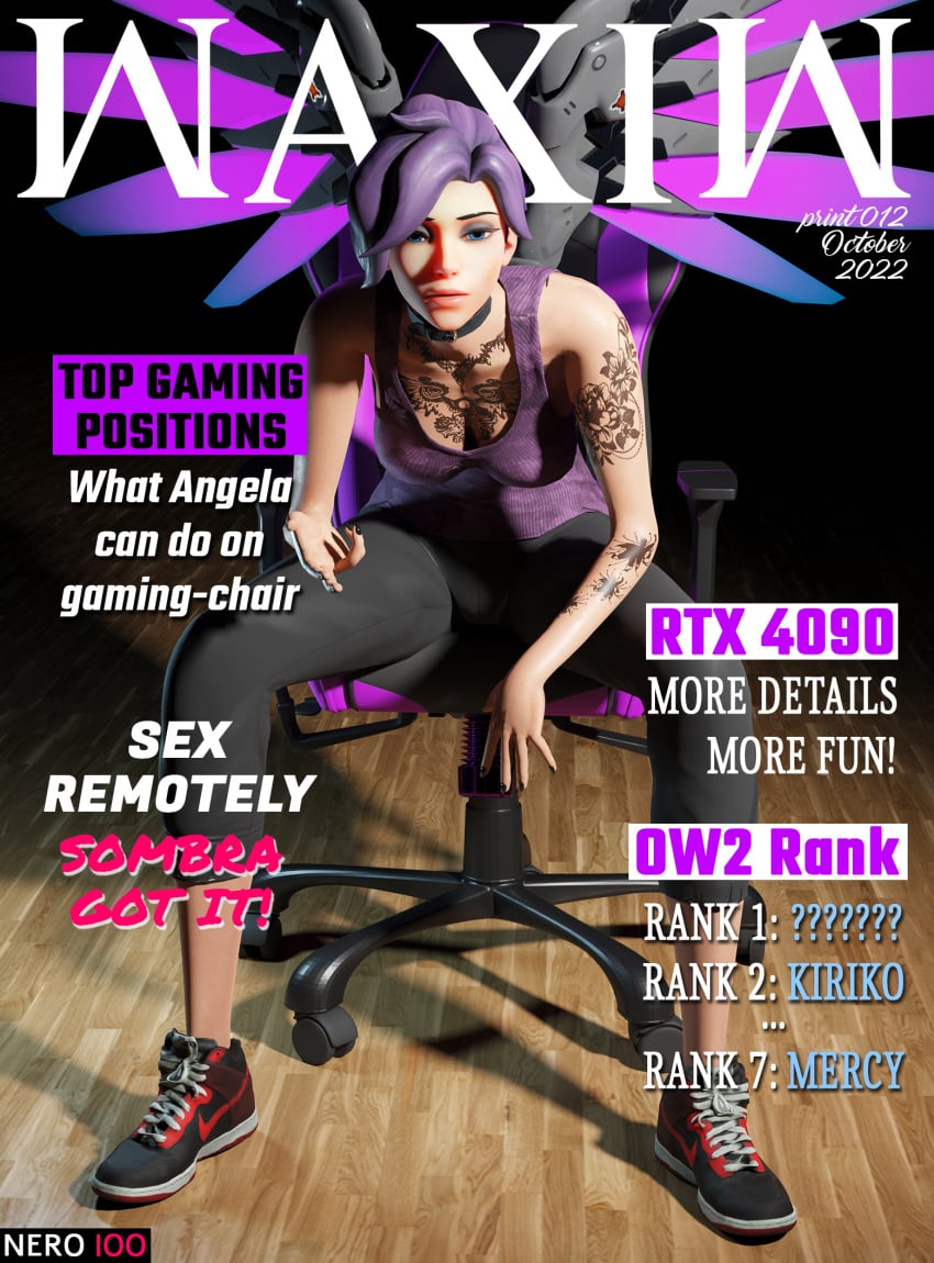 1girls 3d angela_ziegler ass big_breasts big_breasts blender blizzard_entertainment breasts chair collar dark_hair eye_contact feet female female_only front_page gaming gaming_chair hi_res leggings legs light_skin lipstick looking_at_viewer magazine magazine_front_page makeup mercy nails nero100 overwatch overwatch_2 pose purple purple_hair shoes sit sitting solo solo_female suntan tattoo tattoos thighs tshirt waxiw wings