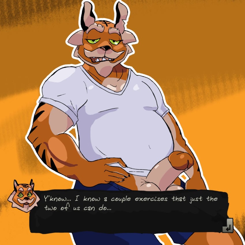 anthro beard bottomwear clothing coach_(monster_prom) daxdi daxhush dialogue_box erection facial_hair felid green_eyes hi_res male mammal moustache pantherine shirt shorts slightly_chubby solo t-shirt tiger topwear