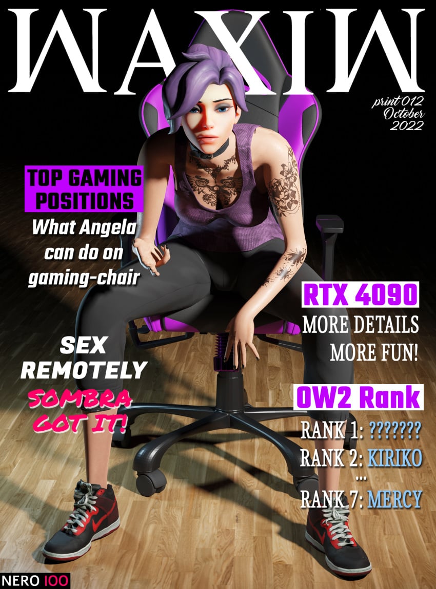 1girls 3d angela_ziegler ass big_breasts big_breasts blender blizzard_entertainment breasts chair collar dark_hair eye_contact feet female female_only front_page gaming gaming_chair hi_res leggings legs light_skin lipstick looking_at_viewer magazine magazine_front_page makeup mercy nails nero100 overwatch overwatch_2 pose purple purple_hair shoes sit sitting solo solo_female suntan tattoo tattoos thighs tshirt waxiw