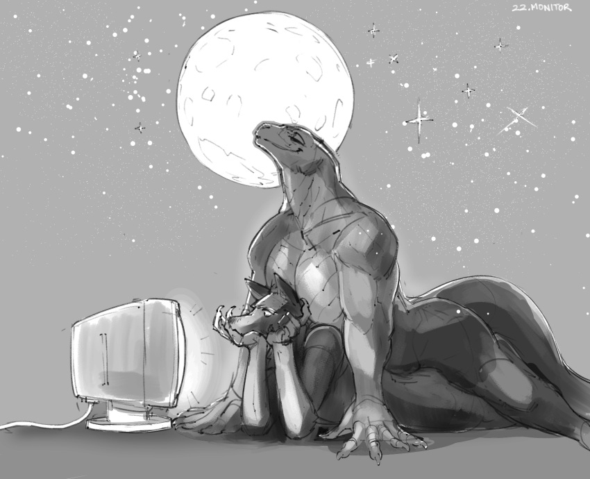 2022 anthro anthro_on_anthro anthro_penetrated anthro_penetrating anthro_penetrating_anthro biped canid canine claws custapple digital_media_(artwork) distracted_sex duo finger_claws full_moon grey_background greyscale hi_res interspecies larger_anthro larger_male lizard looking_at_monitor male male/male male_penetrated male_penetrating male_penetrating_male mammal monitor monitor_lizard monochrome moon muscular muscular_anthro muscular_male outside_sex penetration reptile scalie sex simple_background size_difference smaller_anthro smaller_male star