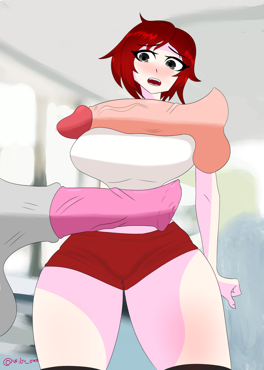 1girls blush breasts clothing fantasywibuowo female horse horsecock huge_breasts interspecies male penis red_hair ruby_rose rwby short_hair silver_eyes zoophilia