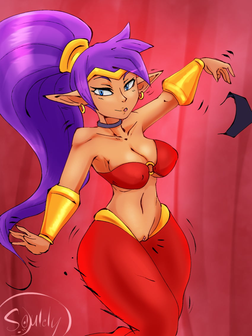 1girls artist_name artist_signature belly_dancer blue_eyes breasts crotchless dancing female_only genie genie_girl half_genie large_breasts licking_lips looking_at_viewer nipple_bulge pointed_ears ponytail purple_hair removing_clothing seductive seductive_look seductive_smile shantae shantae_(character) smooth_skin soulely souley69 tagme vagina wide_hips