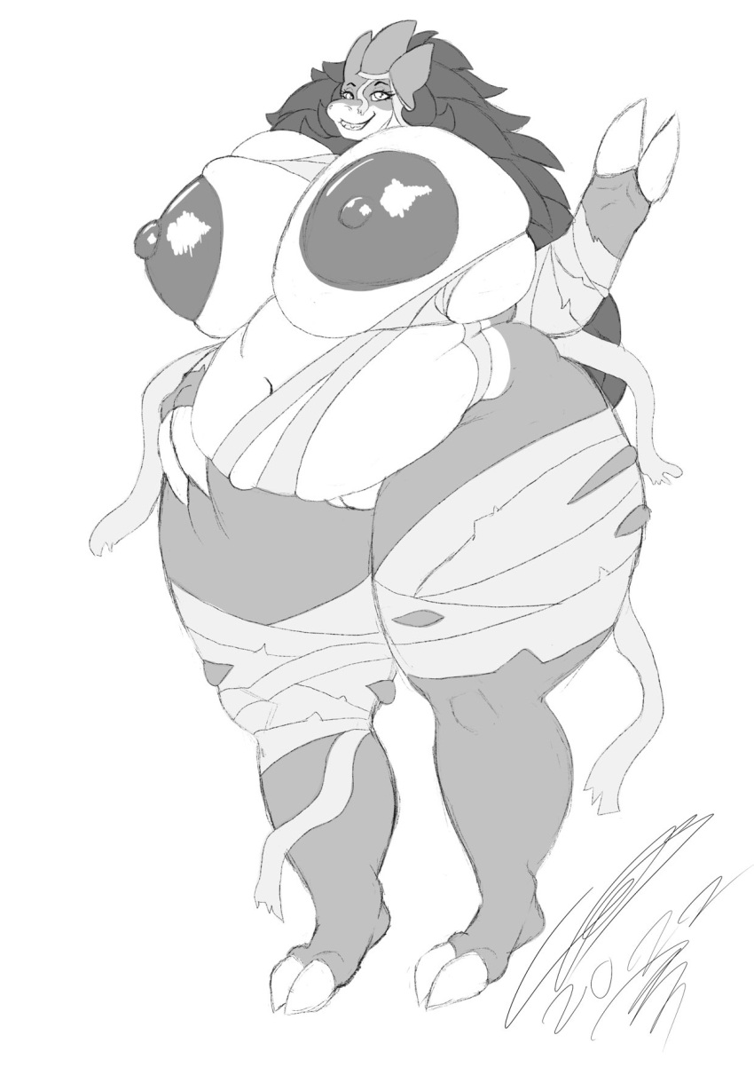 2022 anthro belly big_belly big_breasts breasts cheeki_peach claws female generation_1_pokemon genitals hi_res huge_breasts huge_nipples looking_at_viewer monochrome mummy_wrappings navel nintendo overweight overweight_female pokemon pokemon_(species) pussy sandpancake sandslash simple_background solo thick_thighs video_games white_background