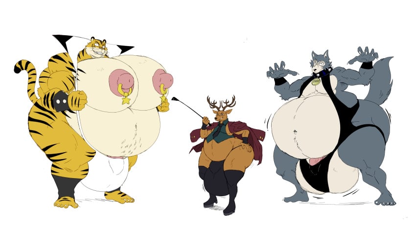 2022 a-side absurd_res ankle_band anthro antlers ass balls beastars belly big_balls big_belly big_butt bill_(beastars) black_stripes brown_body brown_fur bulge canid canine canis cervid cervine claws clothing collar facial_scar felid fur genital_outline genitals grey_body grey_fur group hand_on_hip hi_res horn huge_balls huge_butt huge_pecs hyper hyper_belly jacket leggings legoshi_(beastars) legwear looking_at_viewer louis_(beastars) male mammal muscular navel necktie nipple_piercing nipples orange_body orange_fur pantherine penis_outline piercing plantigrade red_deer riercat scar spiked_collar spikes striped_body striped_fur stripes suit thick_thighs tiger topwear trio whiskers white_body white_fur wolf wrestler wrestling_outfit wrestling_singlet wristband