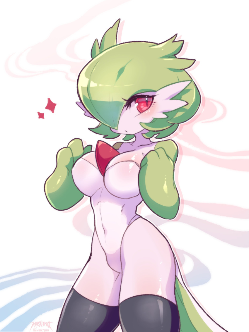 1girls black_thighhighs breasts female female_only gardevoir green_hair light_blush looking_at_viewer mammal masvino nintendo pokemon pokemon_(species) pokemorph red_eyes solo sparkles thick_thighs thighhighs very_high_resolution