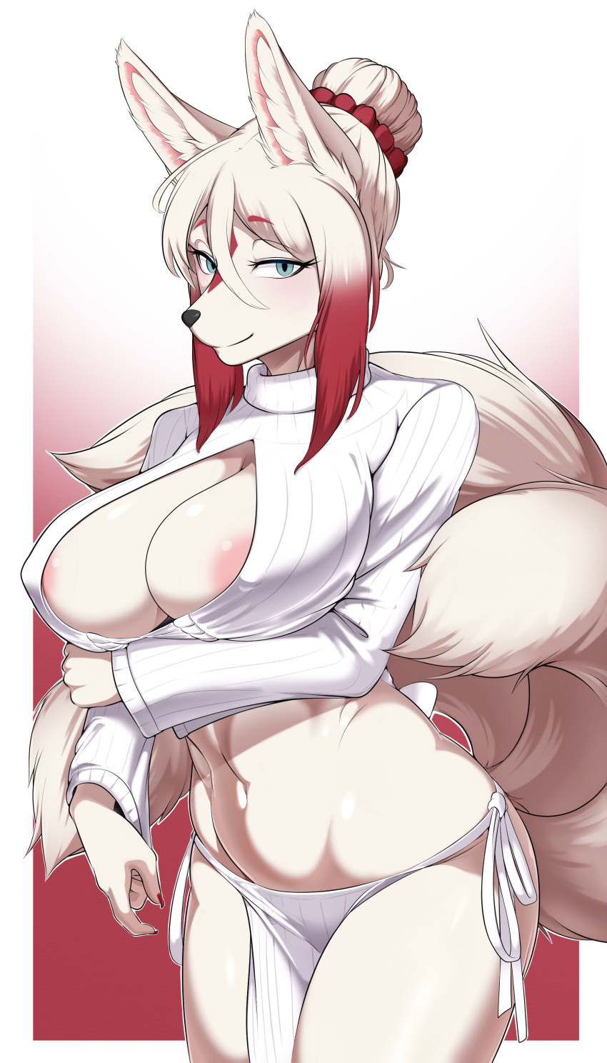 1girls 2022 4:7 anthro areola areola_slip big_breasts blue_eyes breasts canid canine cleavage cleavage_cutout clothed clothing digital_media_(artwork) eyebrows eyelashes female female_only fox fox_ears fox_tail hair_bun inner_ear_fluff kemono looking_at_viewer mammal navel panties red_highlights rusal32 side-tie_panties simple_background smiling smiling_at_viewer solo tail tied_hair tuft underwear very_high_resolution white_hair