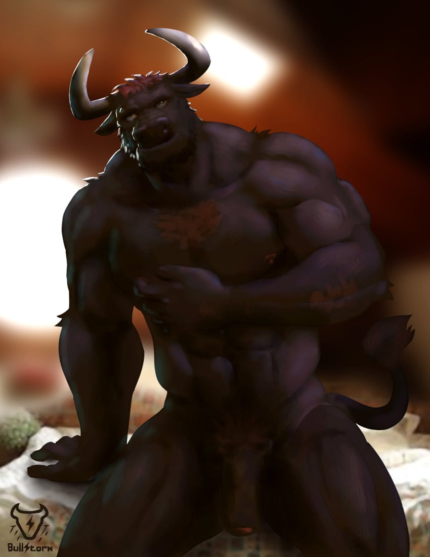 2020s 2023 abs absurd_res anthro arm_hair biceps body_hair bovid bovine bullstorm cattle chest_hair deltoids flaccid forearm_hair forearms foreskin genitals hi_res horn looking_at_viewer male male_only mammal manly muscular muscular_arms muscular_thighs navel nipples nude obliques pecs penis pubes sitting solo triceps