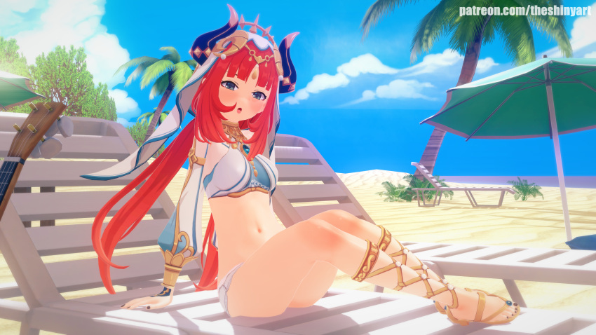 beach feet genshin_impact green_eyes middle_eastern_clothing nilou_(genshin_impact) persian_clothing red_hair shininglewd thighs