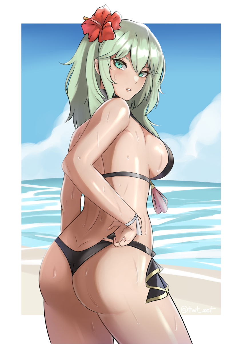 1girls alternate_costume ass ass_cleavage back_view bare_shoulders beach big_ass bikini black_bikini black_swimsuit breasts butt_crack byleth_(fire_emblem) byleth_(fire_emblem)_(female) byleth_(summer)_(fire_emblem)_(female) capelet enlightened_byleth_(female) female female_only fire_emblem fire_emblem:_three_houses fire_emblem_heroes flower green_eyes green_hair hair_flower hair_ornament halterneck highres large_breasts looking_at_viewer looking_back medium_hair nintendo ocean official_alternate_costume outdoors sandals sideboob solo swimsuit tassel wet zet_(twt_zet)