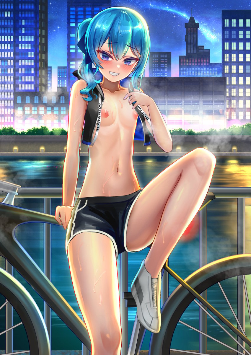 1girls bare_chest belly_button black_shorts blue_eyes blue_hair blush city dolphin_shorts eyebrows_visible_through_hair female flat_chest highres hololive hololive_gen_0 hololive_japan hoshimachi_suisei jagoo_(artist) light-skinned_female light_skin night nipples shoes shooting_star shorts solo sports_shorts sweat virtual_youtuber white_shoes