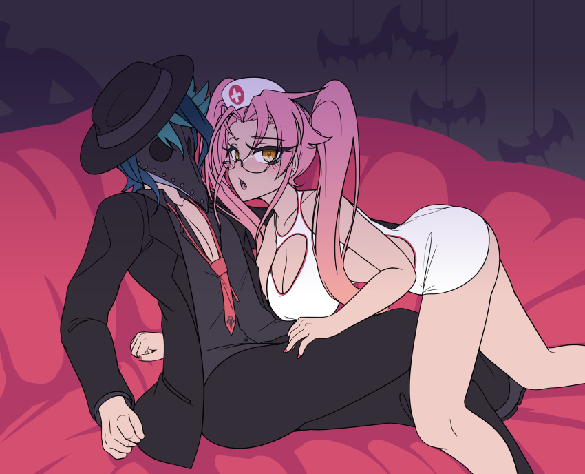 amber_eyes artist_request bats blush bowler_hat cleavage cleavage_cutout cosplay couple crossover female green_hair halloween halloween_costume hetero highschool_of_the_dead jack-o'-lantern kurosaki_shun laying_down mask mask_on_head necktie nurse_uniform orange_eyes pink_hair plague_doctor_mask saya_takagi simple_background yu-gi-oh! yu-gi-oh!_arc-v