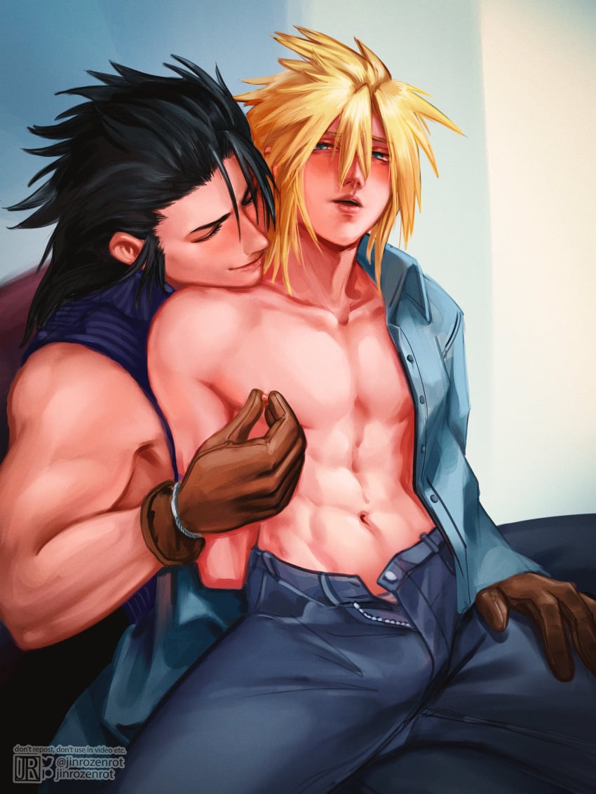 black_hair blonde_hair blue_eyes blush closed_eyes cloud_strife color femboy final_fantasy final_fantasy_vii gay gloves jinrozenrot male male/male male_only muscular muscular_male nipple_pinch nipple_play on_lap partially_clothed pleasure_face spiky_hair square_enix tagme unbuttoned unbuttoned_shirt unzipped unzipped_pants yaoi zack_fair