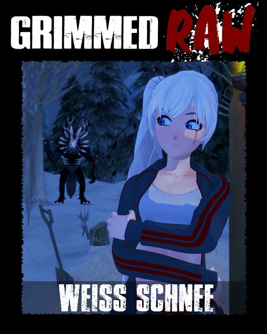 1boy 1girls 1monster 3d blue_eyes english_text female feral forest grimm_(rwby) grimmed human indrick_[artist] interspecies long_hair pale_skin ponytail rwby shovel text weiss_schnee white_hair