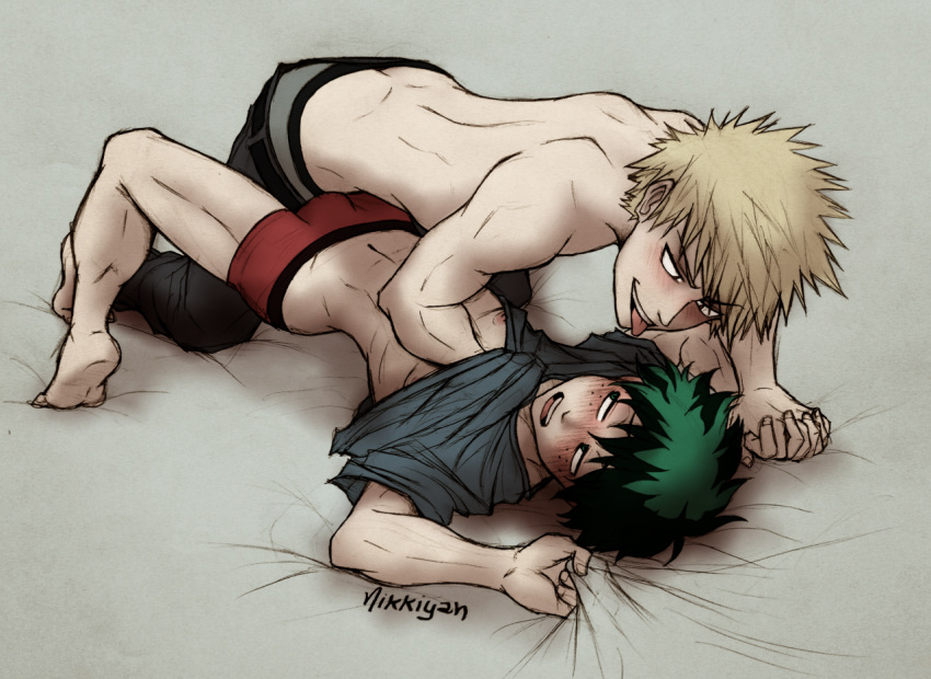 2boys athletic blonde_hair boxers bulge fit_male freckles green_eyes green_hair hand_under_shirt holding_hands imminent_sex izuku_midoriya katsuki_bakugou male male_only male_underwear my_hero_academia nikkiyan pantsuyan sheet_grab spiky_hair tongue tongue_out topless topless_male underwear undressing yaoi