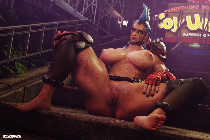 1girls 3d barefoot big_breasts busty colored_hair dirty dirty_feet dirty_soles feet female female_only functionally_nude junker_queen large_breasts mohawk muscular muscular_female nipples overwatch overwatch_2 partially_clothed presenting_pussy pussy shaved_pussy showing_pussy solidsnack solo spread_legs strong_woman thick thick_thighs thighs