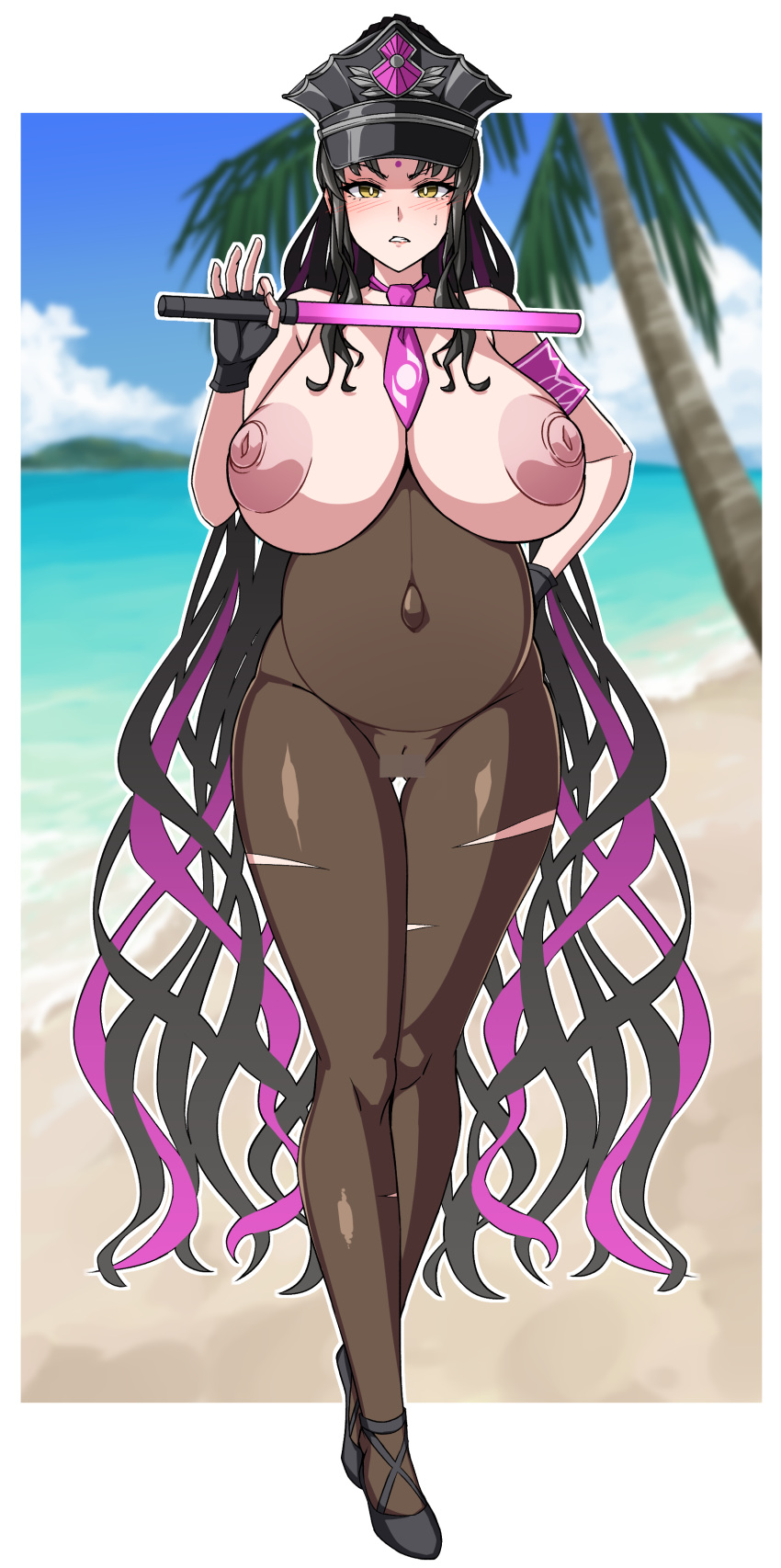 1girls baton beach big_breasts black_gloves black_legwear dark_hair fate/grand_order fate_(series) female hand_on_hip hat high_heels hips huge_breasts large_breasts legwear long_hair looking_at_viewer looking_pleasured mature_female muta_poo nipples pregnant pregnant_belly pregnant_female pussy sesshouin_kiara sesshouin_kiara_(swimsuit_mooncancer)_(fate) torn_legwear traffic_baton visible_pussy