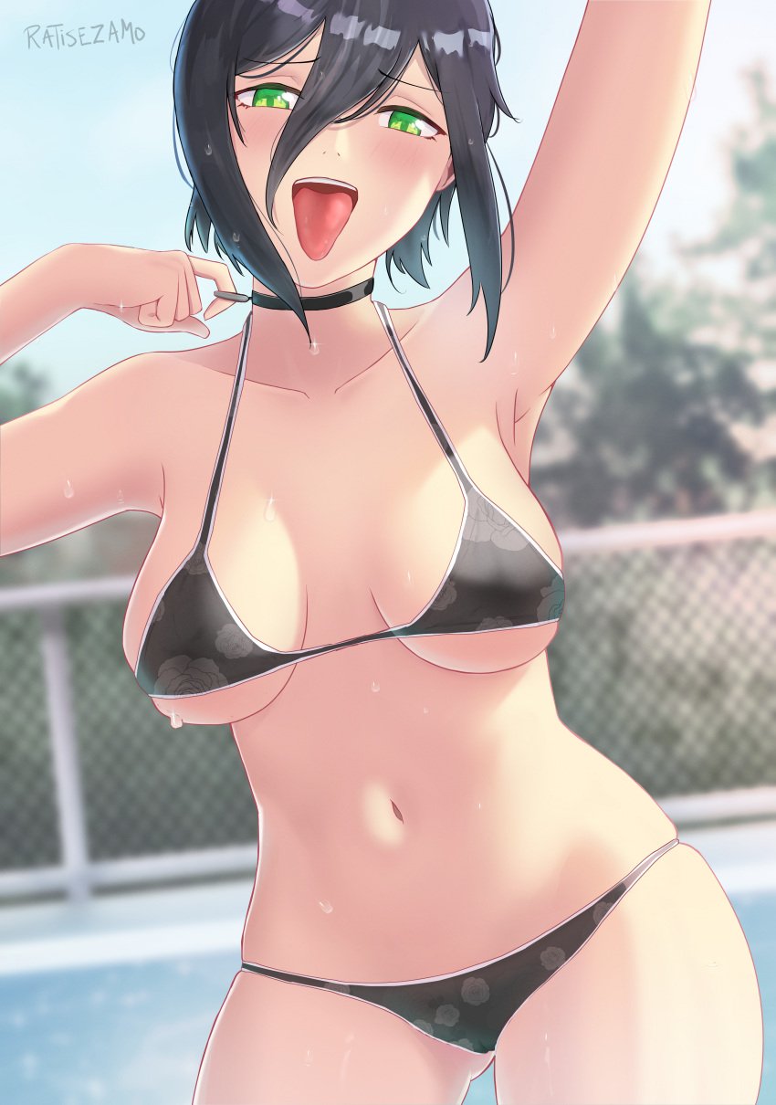 1girls ahe_gao ass_visible_through_thighs big_breasts bikini bomb_girl chainsaw_man choker cute female female_only fringe green_eyes mappa navel petite pool purple_hair ratisezamo reze_(chainsaw_man) shounen_jump teenager tied_hair tongue_out wet