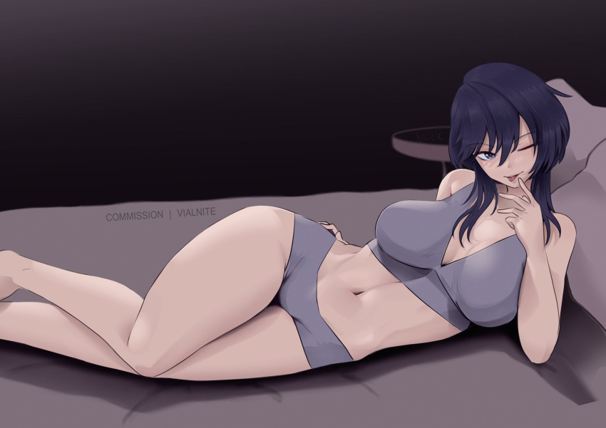 1girls bed black_hair bra breasts commission female female female_only fire_emblem fire_emblem:_genealogy_of_the_holy_war highres larcei_(fire_emblem) lingerie lying nintendo on_bed on_side one_eye_closed pillow short_hair short_shorts shorts simple_background smile solo tongue tongue_out underwear vialnite