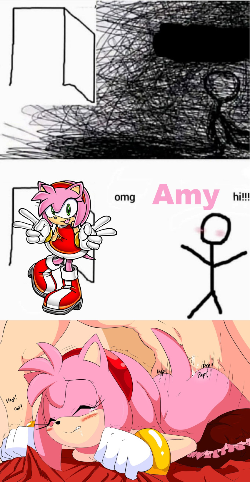 ambiguous_penetration amy_rose blush doggy_style faceless_male female_penetrated funny gripping_sheets human_on_anthro meme oh_my_god omg_hi! pain randomguy999 sega sonic_(series) sonic_the_hedgehog_(series) tail text too_big