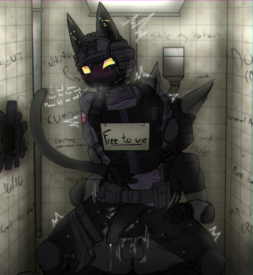 ahe_gao anal anal_sex anthro armor bathroom black_body black_fur bodily_fluids bulletproof_vest clothing domestic_cat duo ear_piercing felid feline felis free_use fur glory_hole headgear helmet hi_res humanoid_genitalia jun_(skshadowknight) looking_pleasured male male/male mammal mask military_uniform penetration piercing public_restroom public_use questionable_consent restroom_stall skshadowknight tactical_gear tears uniform yellow_eyes