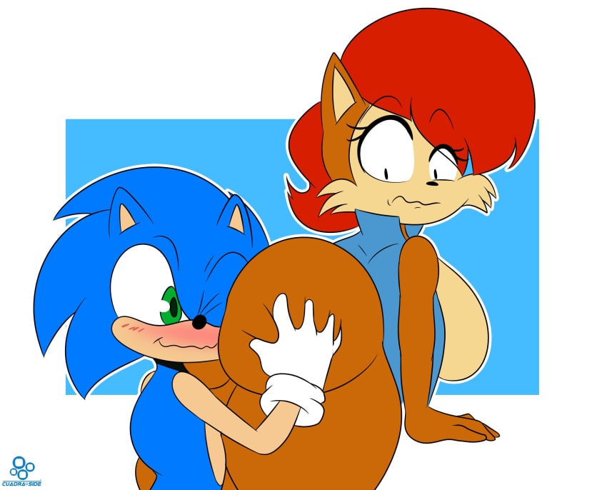 1boy 1girls animal_ears anthro anthro_on_anthro archie_comics ass ass_focus big_ass big_breasts big_butt black_nose blue_fur blue_hair blue_skin blue_vest blush breasts brown_body brown_fur brown_hair brown_skin bubble_ass bubble_butt chipmunk clothing couple cuadra_side eyelashes face_in_ass face_in_butt face_on_ass funny fur furry gloves grabbing grabbing_ass green_eyes ground_squirrel hedgehog looking_back multicolored_hair one_eye_closed red_hair rodent sally_acorn sega shocked shocked_expression short_hair sideboob simple_background sonic_(series) sonic_the_hedgehog sonic_the_hedgehog_(archie) sonic_the_hedgehog_(comics) sonic_the_hedgehog_(series) spiky_hair squeezing_butt thick_ass thick_thighs two_tone_body two_tone_fur vest