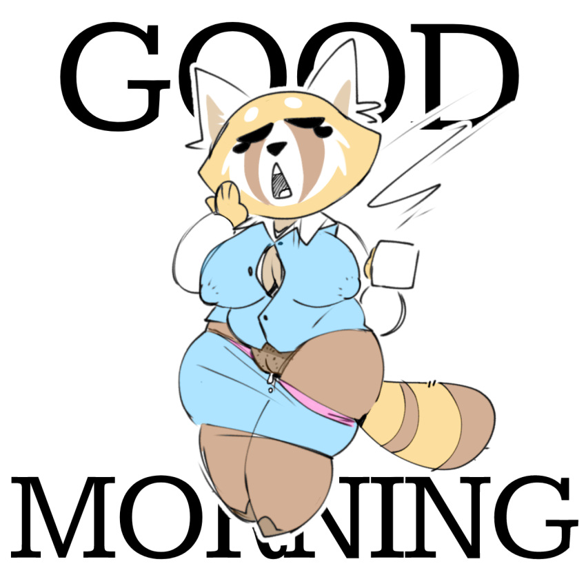 aggressive_retsuko ailurid anthro beverage big_breasts black_eyelashes black_nose blue_clothing bodily_fluids bottomwear breasts brown_body brown_fur brown_markings brown_stripes brown_tail circle_eyebrows closed_eyes clothed clothing coffee container cup english_text eyebrows eyelashes female fur genital_fluids genitals hi_res holding_cup holding_object long_sleeve_shirt long_sleeves mammal markings ocon office_lady open_clothing open_mouth open_shirt open_topwear partially_clothed pencil_skirt pink_clothing pink_thong pink_underwear pussy pussy_juice red_panda retsuko sanrio shirt simple_background skirt smooth_fur solo solo_focus standing steam stripes text thong topwear underwear undressing wardrobe_malfunction white_eyebrows yawn yellow_body yellow_fur