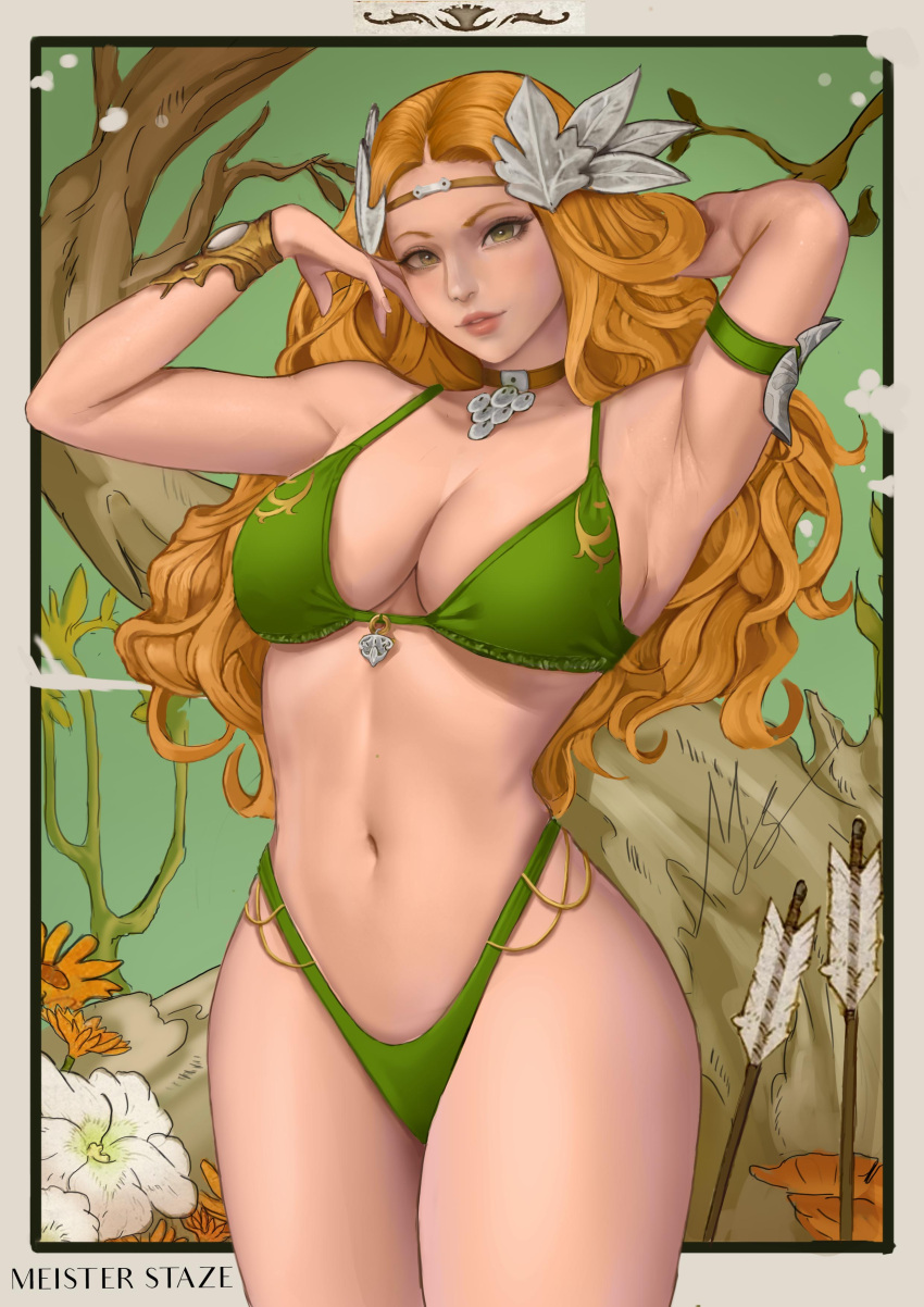 arrow big_breasts bikini blonde_hair collar final_fantasy final_fantasy_xiv flowers goddess green_background green_bikini green_eyes green_swimsuit meister_staze muscular_female nophica smiling_at_viewer square_enix taller_girl tree