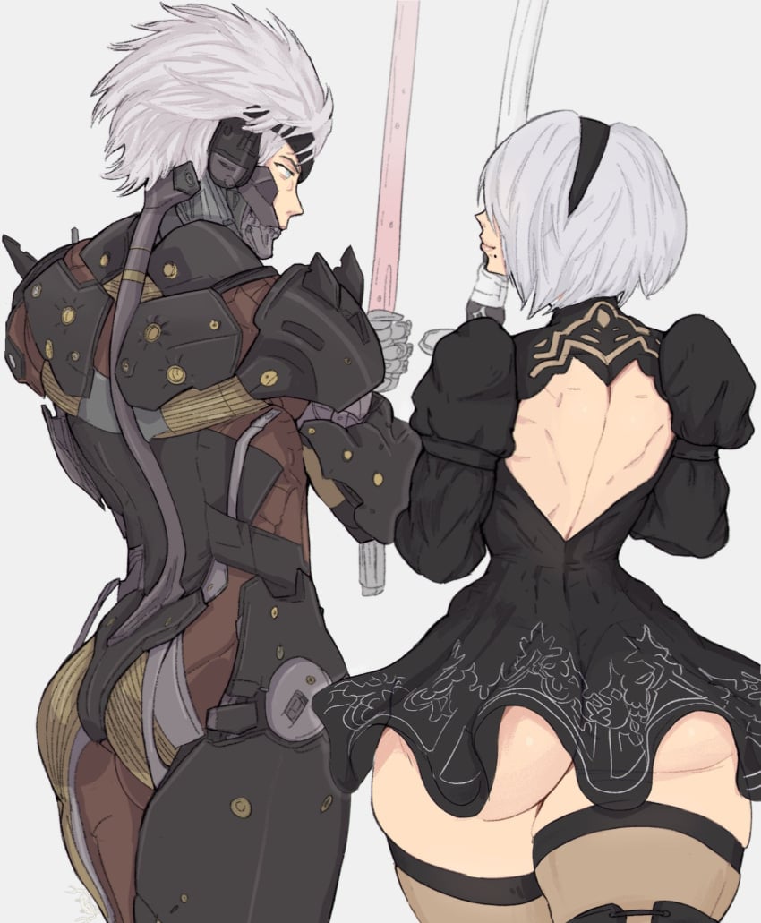 1boy 1girls big_ass both_sexes_in_same_situation child_bearing_hips crossover huge_ass light-skinned_female male_ass metal_gear metal_gear_rising metal_gear_rising:_revengeance nier:_automata raiden raiden_(metal_gear) thick_thighs upskirt yoracrab yorha_2b