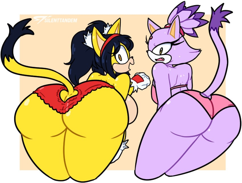 2girls amber_eyes anthro ass ass_cleavage blaze_the_cat bra breasts bubble_butt butt_crack clothing clothing_cutout color duo felid feline felis female female_only fur furry furry_only hair_ornament honey_the_cat looking_back panties sega silenttandem sonic_(series) sonic_the_fighters sonic_the_hedgehog_(archie) tail thick_thighs underwear wide_hips yellow_eyes