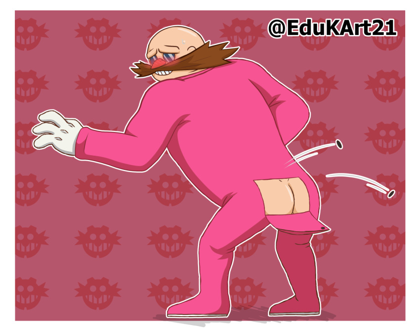 1boy 4_toes ass bald bared_teeth brown_hair clothing dr._eggman edukart21 eyewear facial_hair feet flushed footwear glasses gloves hair handwear hi_res human invalid_tag male male/male male_only mammal moustache nose pajamas pink_suit sega shoes solo sonic_(series) sonic_boom sonic_the_hedgehog_(series) toes villain