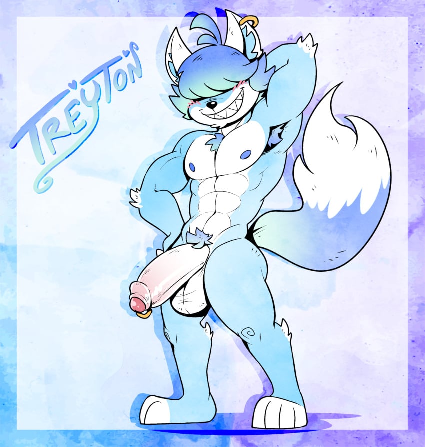 1boy anthro armpit_hair balls bangs big_penis blue_body blue_fur blush body_hair canid canine chest_tuft ear_piercing ear_ring ear_tuft feral fox fur genital_piercing genitals hair hair_over_eye hair_over_eyes hand_behind_head hexdisciple hi_res inner_ear_fluff male male_only mammal muscular nude one_eye_obstructed original original_character penis penis_piercing piercing prince_albert_piercing pubes raised_arm ring_piercing smile solo toothy_grin treyton_(hexdisciple) tuft