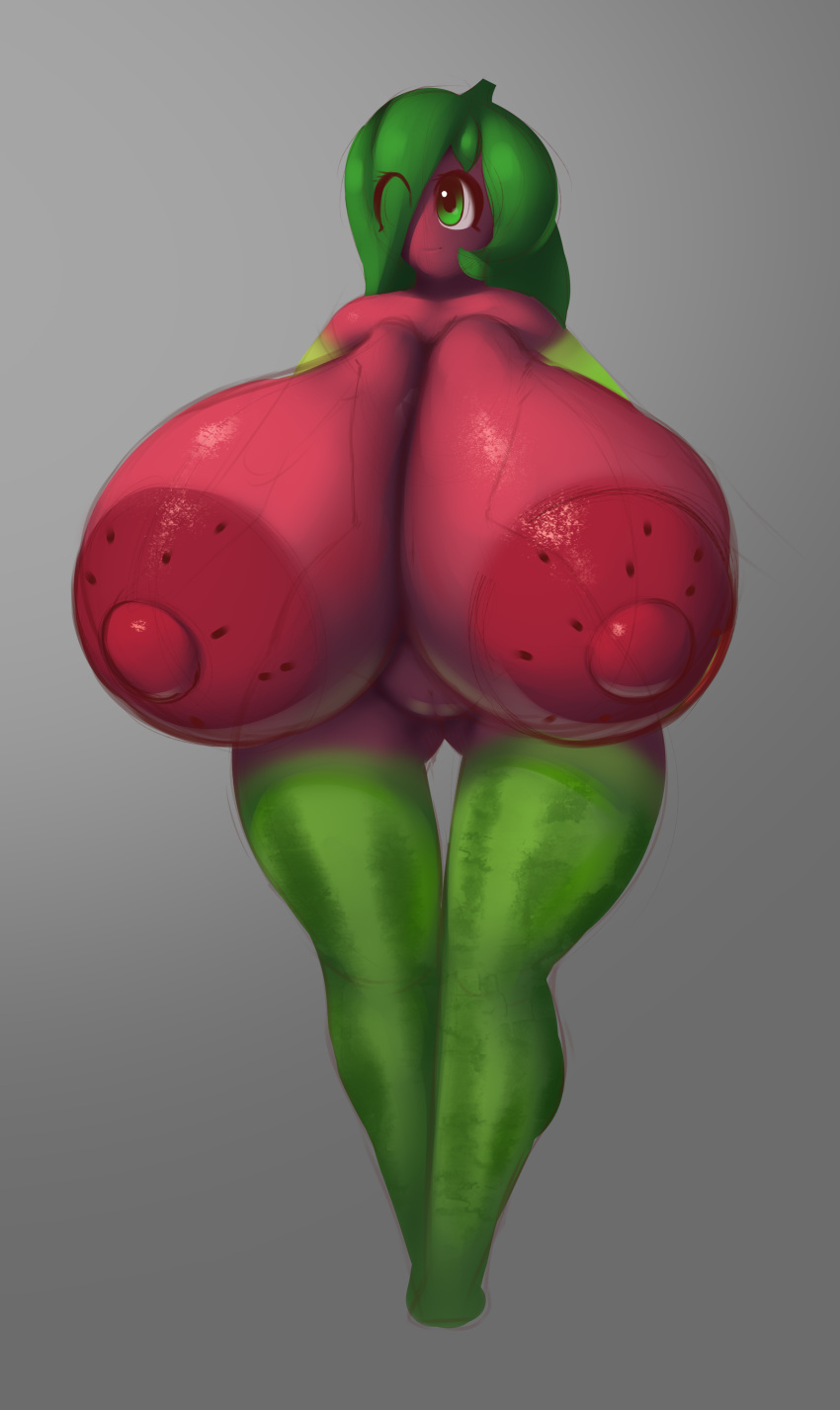 dibujosv12 food_girl fruit_humanoid green_eyes green_hair hair_over_one_eye huge_breasts original_character red_skin standing watermelon