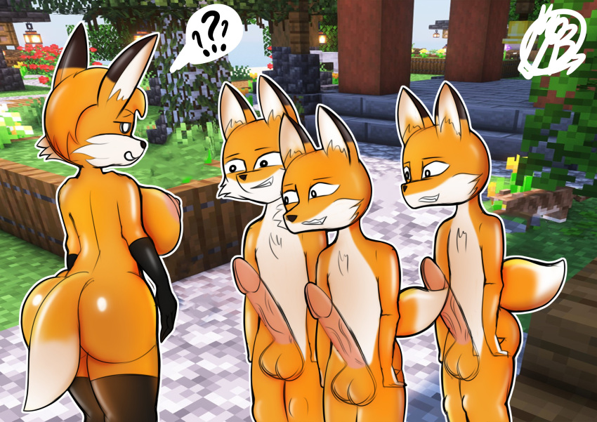 absurd_res anthro areola ass balls big_areola big_balls big_breasts big_butt big_penis black_eyes breasts canid canine clothed clothing dialogue_box digital_drawing_(artwork) digital_media_(artwork) eye_contact female fox fox_(minecraft) fur genitals grass group hi_res huge_butt huge_cock larger_female latex latex_armwear latex_legwear legwear long_penis long_tail looking_at_another male mammal microsoft minecraft mojang multicolored_body multicolored_fur nipples orange_body orange_fur partially_clothed penis plant question_mark seductive size_difference smaller_male smile smiling_at_each_other stare stockings teeth thick_thighs tuft urbanica video_games white_body white_fur wide_hips xbox_game_studios