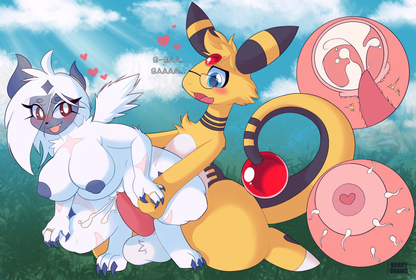 absurd_res ampharos anthro big_breasts blue_eyes blush borky-draws breasts cum_in_uterus day duo female generation_2_pokemon hi_res impregnation male male/female maliqeth mega_absol mega_evolution nintendo nipples nude open_mouth outside ovum penetration penile penile_penetration penis_in_pussy pokemon pokemon_(species) pokemorph red_eyes thick_thighs vaginal_penetration video_games white_body wings x-ray yellow_body