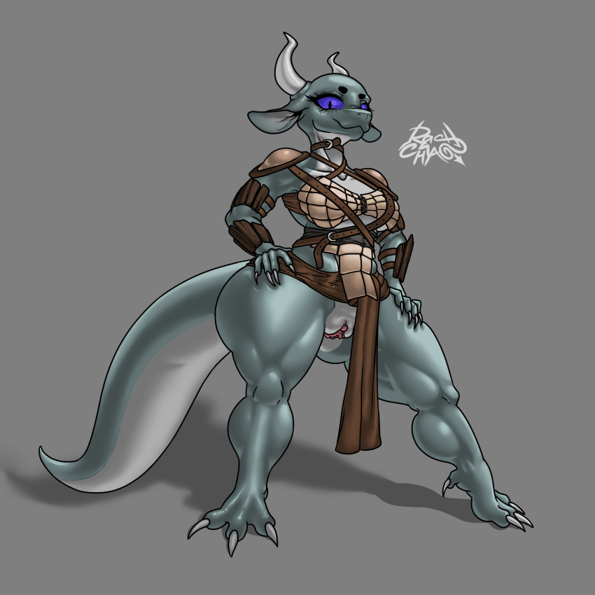 absurd_res anthro armor big_tail breasts claws clitoris clothed clothing digital_drawing_(artwork) digital_media_(artwork) eyebrows eyelashes female genitals green_body green_skin grey_body grey_skin hand_on_butt hand_on_leg hi_res horn huge_tail kobold long_ears long_horn long_tail looking_at_viewer multicolored_body multicolored_skin muscular muscular_female partially_clothed pink_pussy purple_sclera pussy rashchaos scalie shadow sharp_claws signature smile smiling_at_viewer standing thick_tail thick_thighs toe_claws white_body white_skin wide_hips