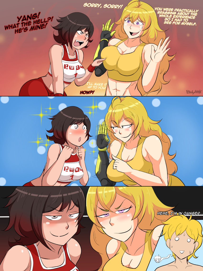 1boy 2girls abs admiring big_breasts black_hair blonde_hair blue_eyes bodyattk dangerous dark_hair devious devious_grin devious_smile english_text female female_focus half-sisters human jaune_arc jealousy male multiple_girls muscular_female nervous nervous_sweat ruby_rose rwby shocked silver_eyes sisters sportswear text vibrating yang_xiao_long