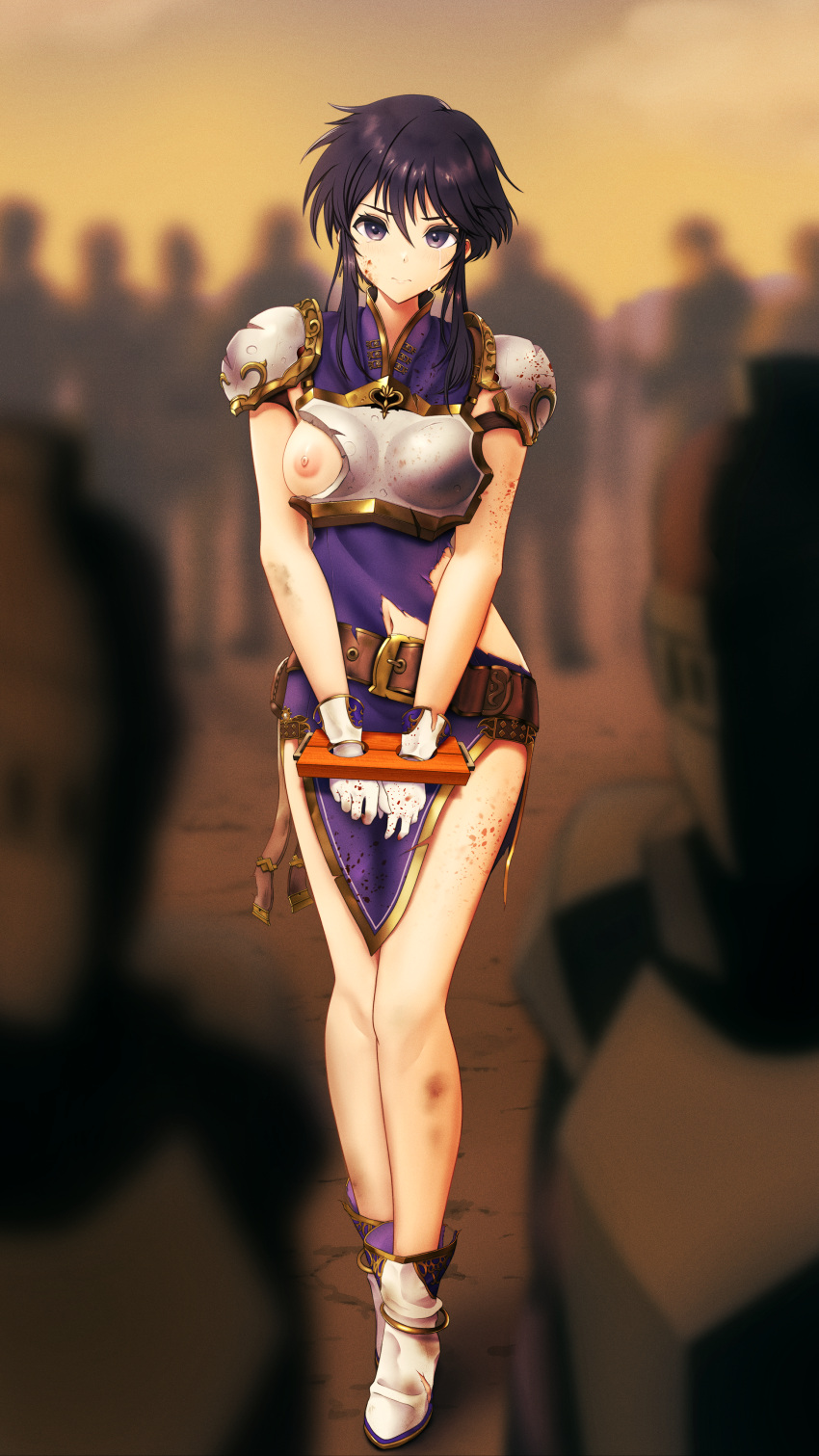 1girls angry armor bare_legs black_hair blood blood_on_face bondage boots bound bound_wrists breasts breasts_out crying crying_with_eyes_open defeated exhibitionism exposed_breasts female female_focus femsub fire_emblem fire_emblem:_genealogy_of_the_holy_war footwear glaring gloves humiliation larcei_(fire_emblem) legs looking_at_viewer medium_breasts nintendo nipples one_breast_out outdoors pelvic_curtain public public_humiliation public_nudity purple_eyes restrained sakurein short_hair solo_focus spoils_of_war standing stocks torn_clothes walk_of_shame walking