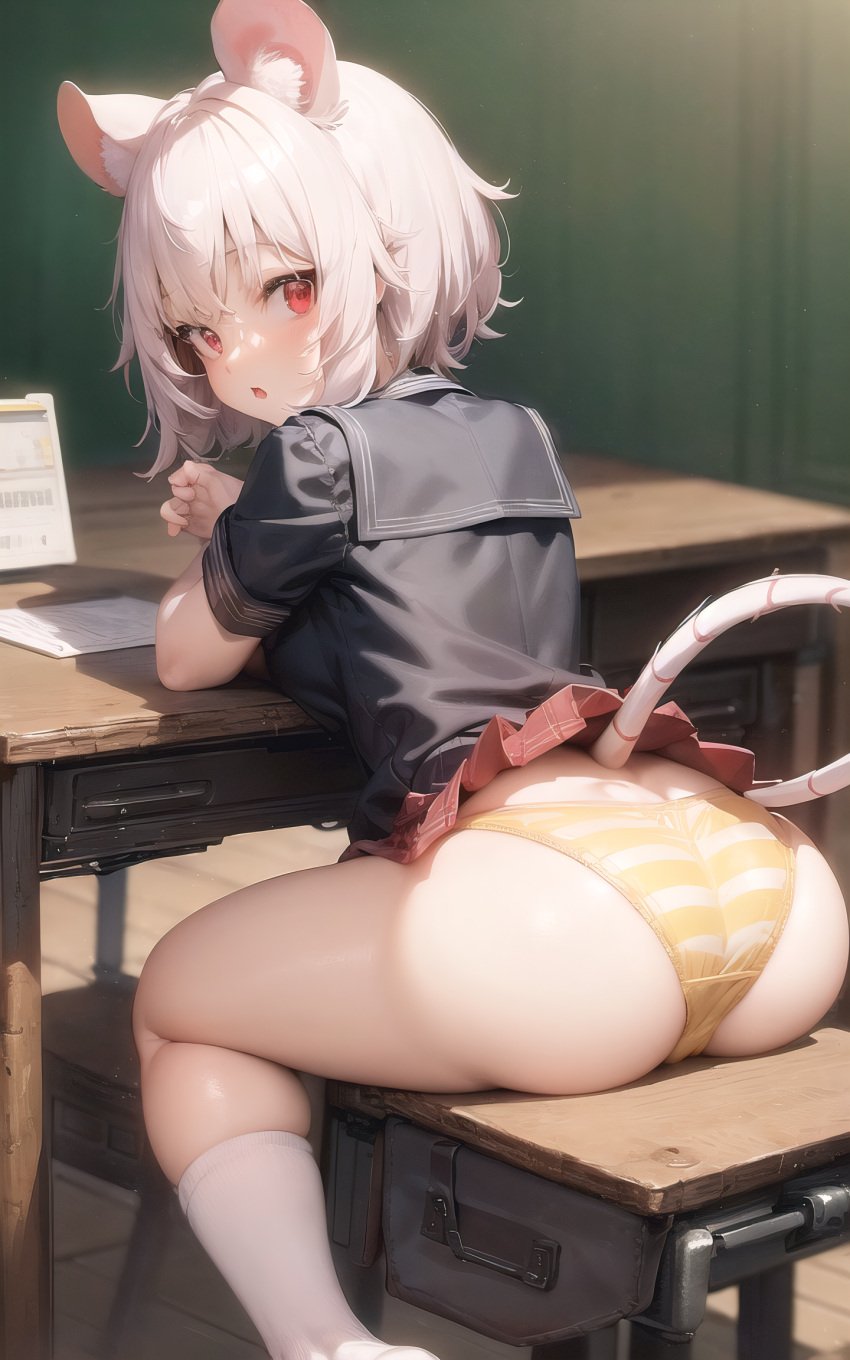 ai_generated animal_ears ass legwear light_skin mouse nazrin panties red_eyes school_uniform schoolgirl short_hair stable_diffusion tail thick_thighs touhou underwear white_hair