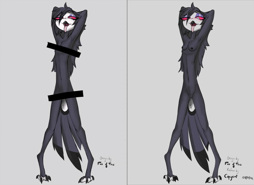 anthro arms avian beak bird black_body black_feathers black_hair c0pycat edit feathers female flat_chested fox_of_tacs hair hands helluva_boss highres long_hair nude octavia_(helluva_boss) open_mouth owl owl_demon pose red_sclera redraw seductive simple_background small_waist solo tail talons tongue tongue_out uncensored white_eyes