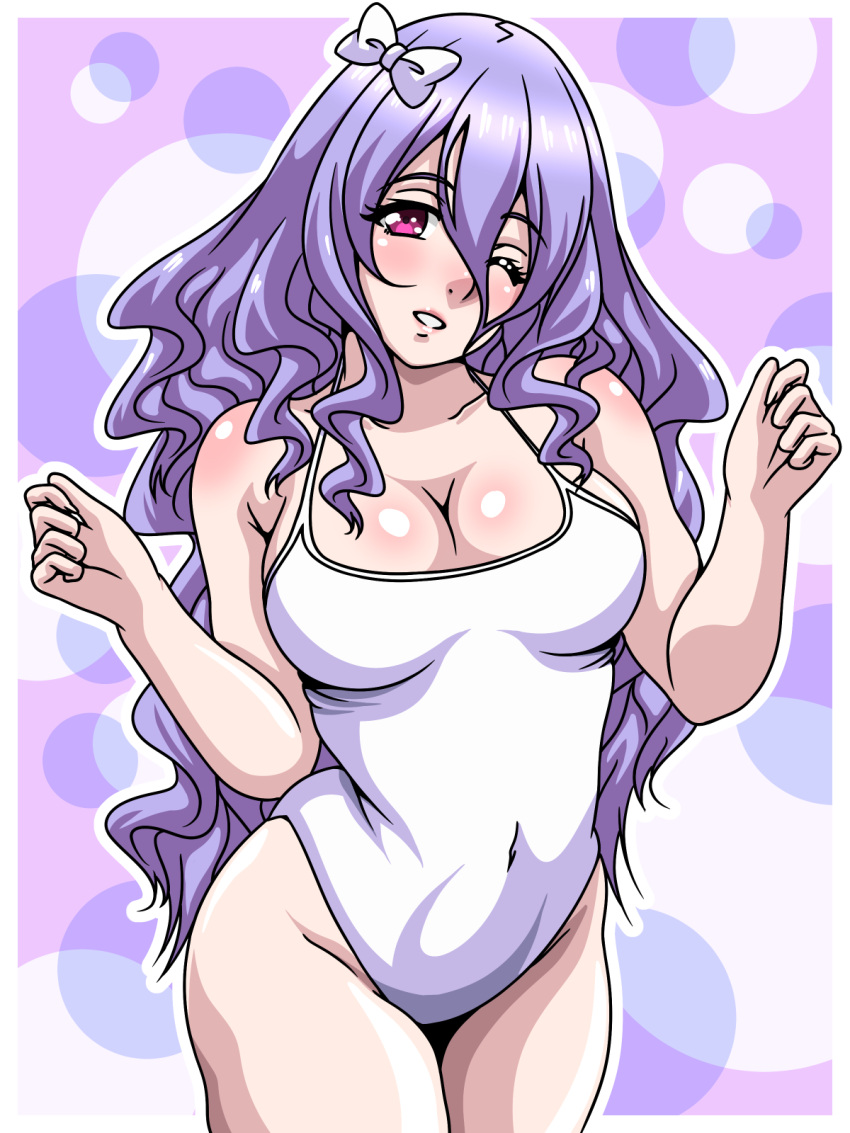 1girls alternate_costume breasts camilla_(fire_emblem) cleavage female female_only fire_emblem fire_emblem_fates grin hair_between_eyes inabakun00 large_breasts long_hair looking_at_viewer nintendo one-piece_swimsuit one_eye_closed pink_eyes purple_hair smile solo swimsuit very_long_hair white_swimsuit wink