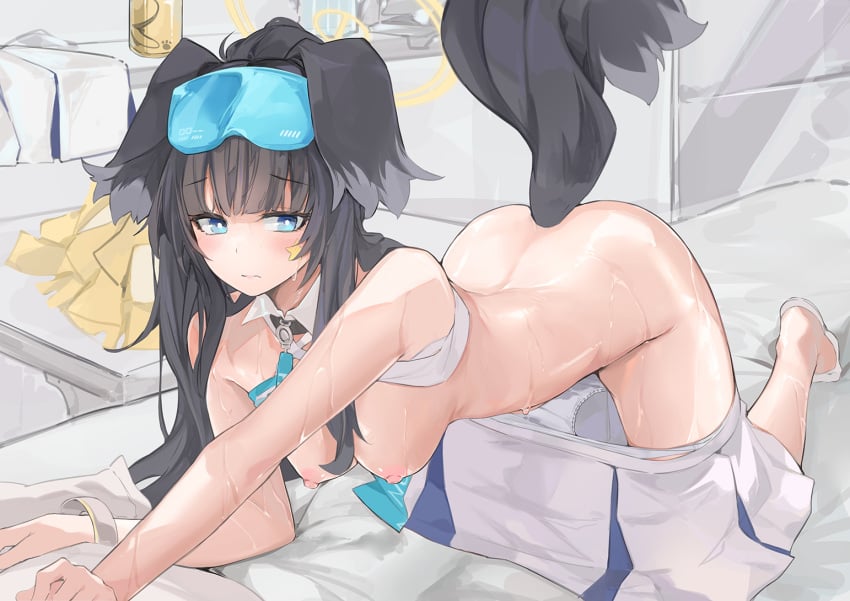 all_fours animal_ears ass bare_shoulders black_hair blue_archive blue_eyes blush breasts breasts_out cheerleader crop_top dema_hmw dog_ears dog_girl dog_tail eyewear_on_head female goggles goggles_on_head halo hanging_breasts hibiki_(blue_archive) hibiki_(cheerleader)_(blue_archive) long_hair looking_at_viewer nipples official_alternate_costume pom_pom_(cheerleading) skirt solo tail undressing white_skirt