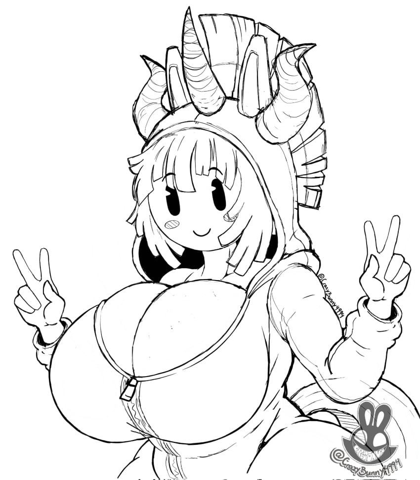 big_breasts christomwow commission double_v exposed_breasts friendly hoodie horns pac-man_eyes peace_sign v zipper