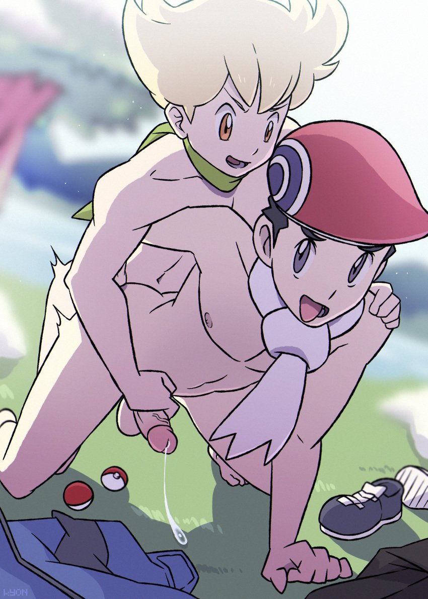 alolan_boy anal anal_sex barry_(pokemon) beret clothes_off doggy_style gay gay_sex holding_shoulder looking_pleasured lucas_(pokemon) lucas_(pokemon_platinum) male_only naked naked_male nipples pokeballs pokemon pokemon_dppt precum reach_around scarf tongue_out yaoi