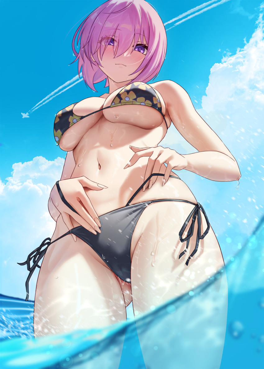 1girls beach bikini black_bikini breasts cosplay fate/grand_order fate_(series) female hair_over_one_eye hi_res kitagawa_marin_(cosplay) large_breasts light-skinned_female light_skin looking_at_viewer mash_kyrielight outdoors outfit_swap pink_hair purple_eyes short_hair smile solar_(happymonk) sono_bisque_doll_wa_koi_wo_suru thick_thighs thighs underboob water