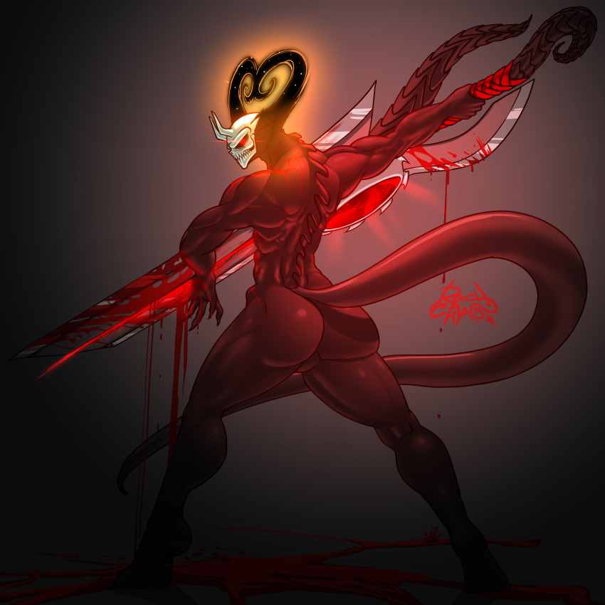 absurd_res ass big_butt big_sword black_body black_skin blood bodily_fluids bone claws demon digital_drawing_(artwork) digital_media_(artwork) glowing glowing_eyes gradient_background hi_res horn huge_sword humanoid leaking light long_horn long_tail looking_at_viewer male melee_weapon muscular muscular_male rashchaos red_eyes shadow signature simple_background skull skull_head solo standing sword thick_thighs weapon wide_hips